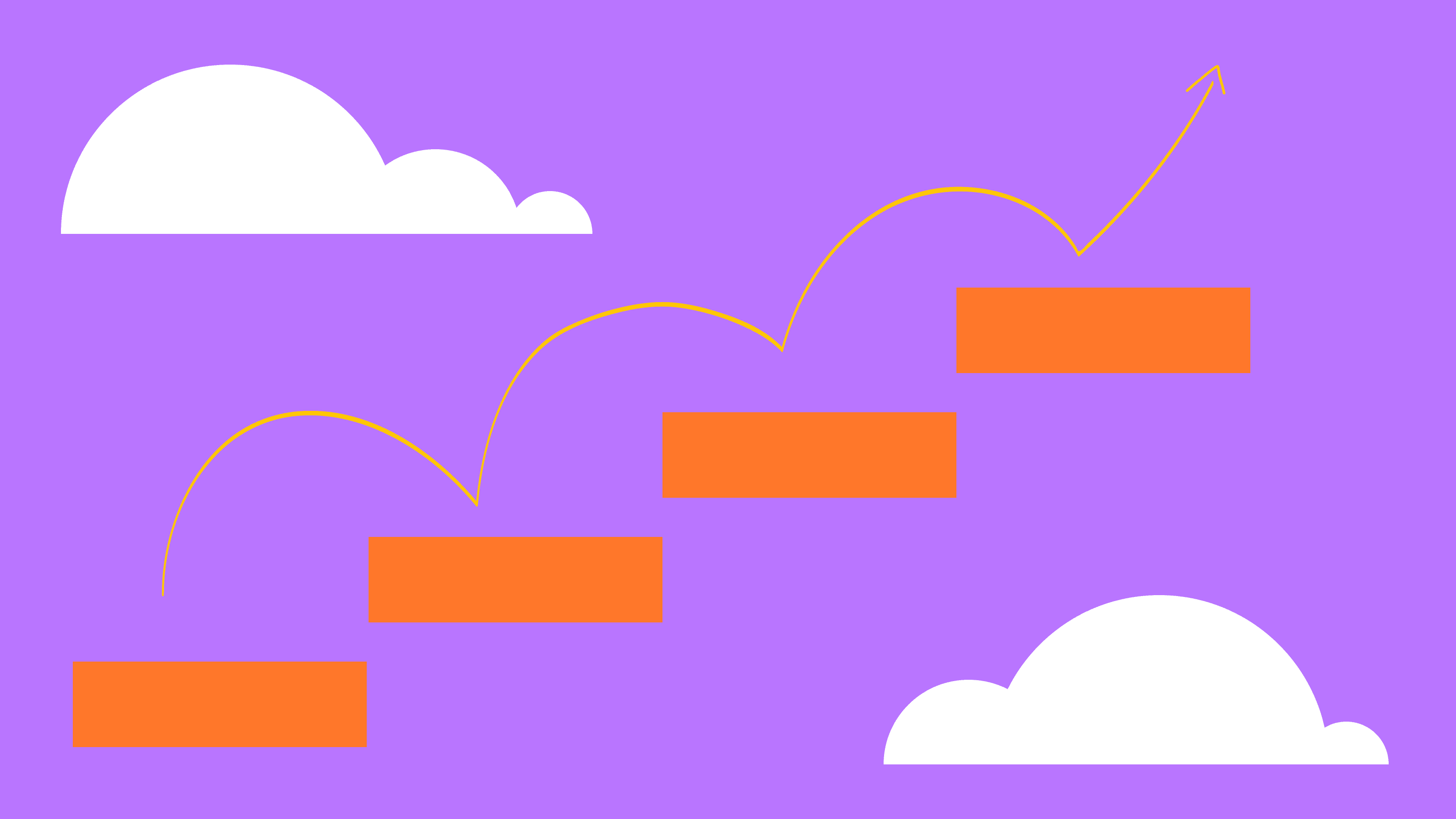 Illustration of a floating stairway surrounded by clouds, with an upwards arrow bouncing along each step.