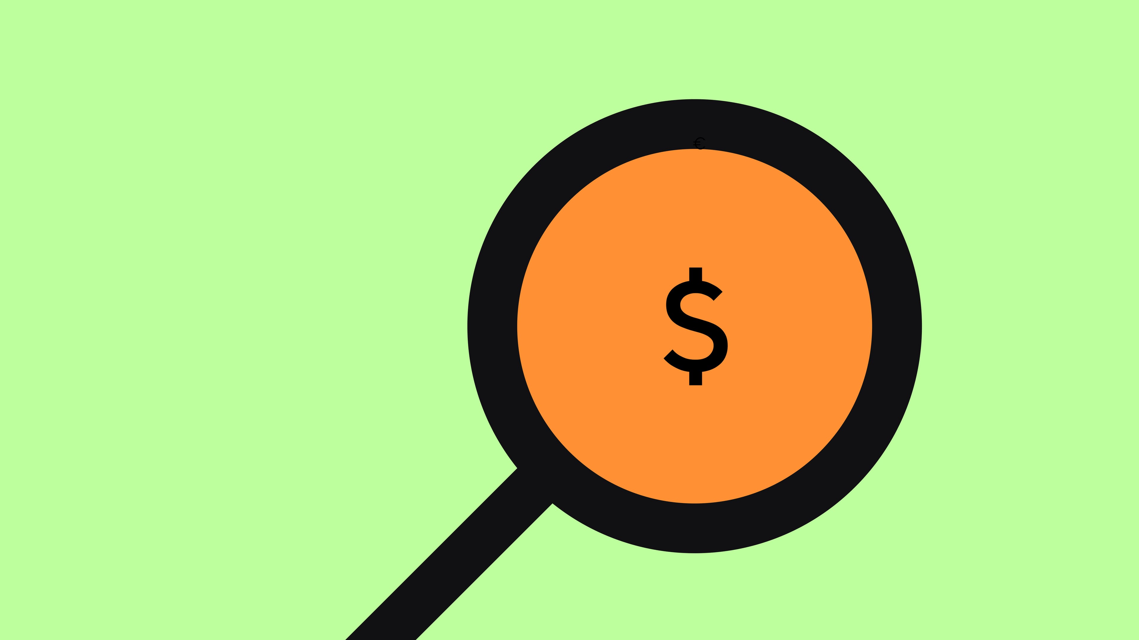 Illustration of a magnifying glass with a dollar sign in the center of the lens.