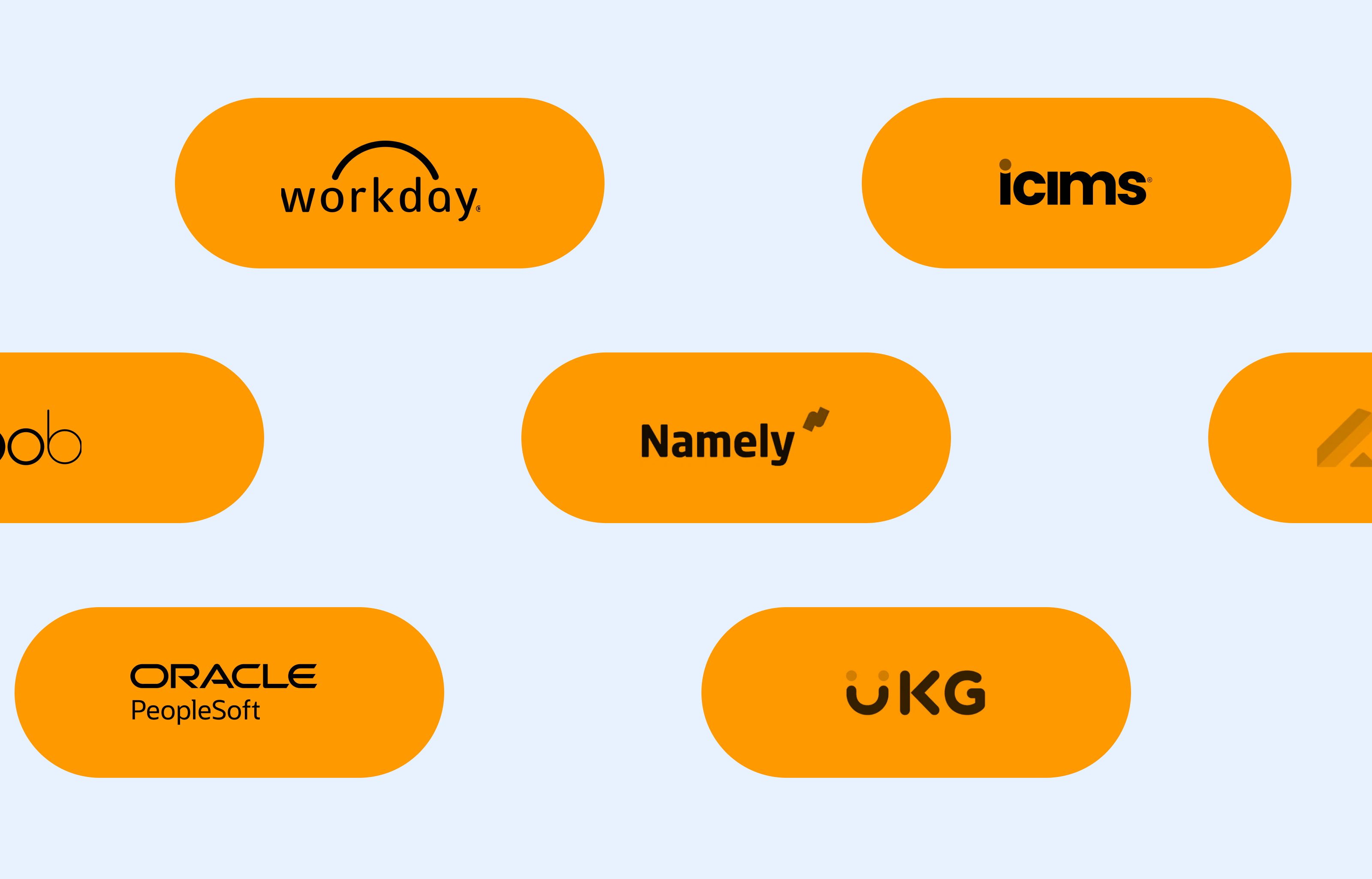 Colorful bubbles with logos for Workday, iCIMS, HiBob, Namely, Oracle PeopleSoft, and UKG.