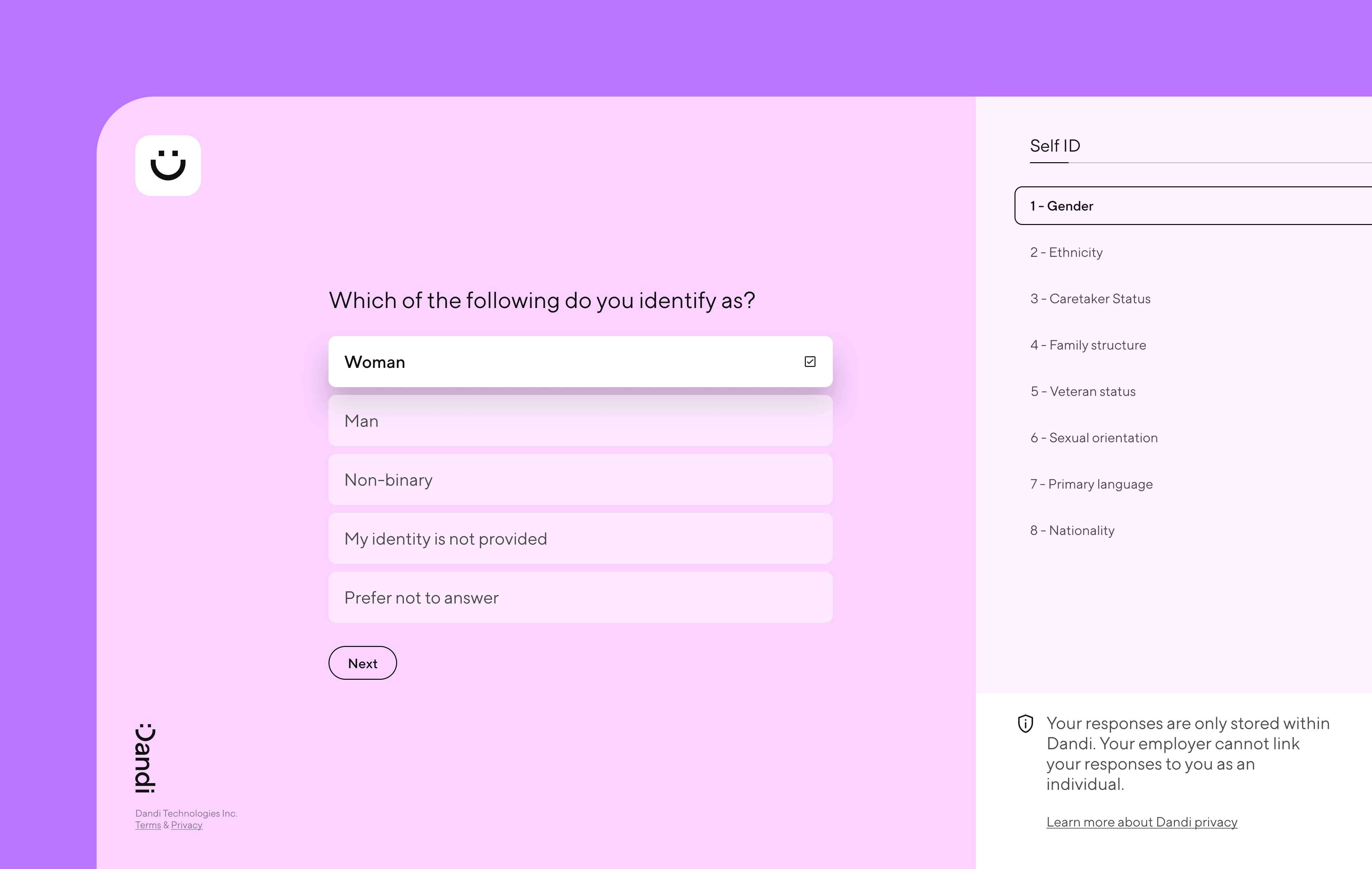 Sample Dandi Self-ID questionnaire an employee would see. The displayed question asks about gender identity. A menu on the right shows additional self-ID categories. The bottom right includes privacy information.