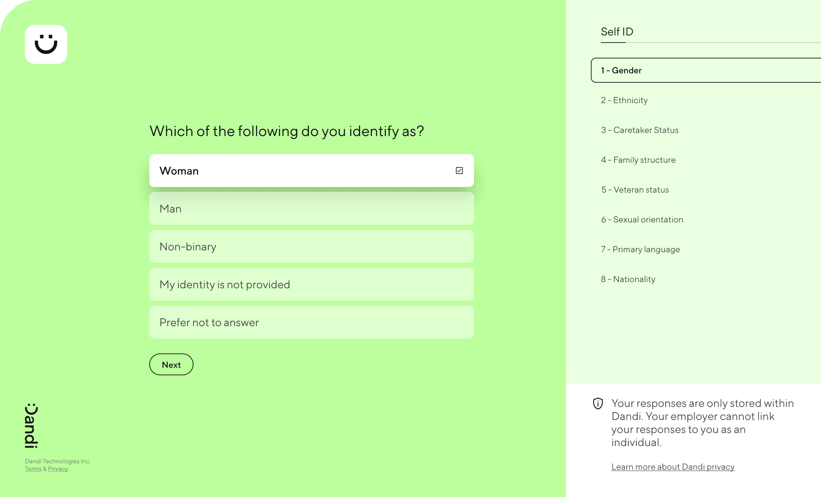 Sample Dandi Self-ID questionnaire an employee would see. The displayed question asks about gender identity. A menu on the right shows additional self-ID categories. The bottom right includes privacy information.