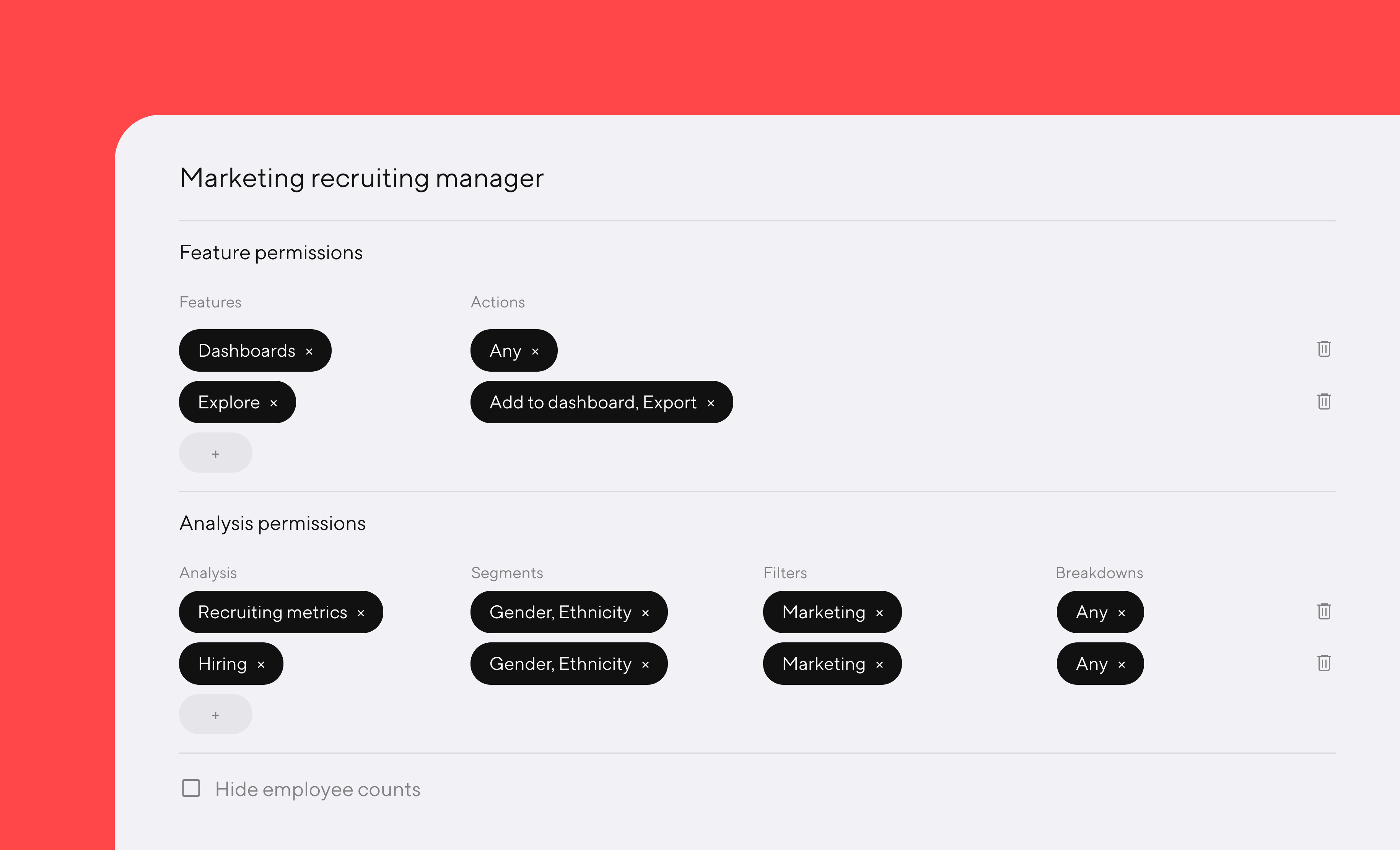 Sample permissions page for a marketing recruiting manager displaying features permissions, including dashboards and Explore, and analysis permissions, including recruiting metrics and gender and ethnicity segments. At the bottom is a checkbox to hide employee counts.