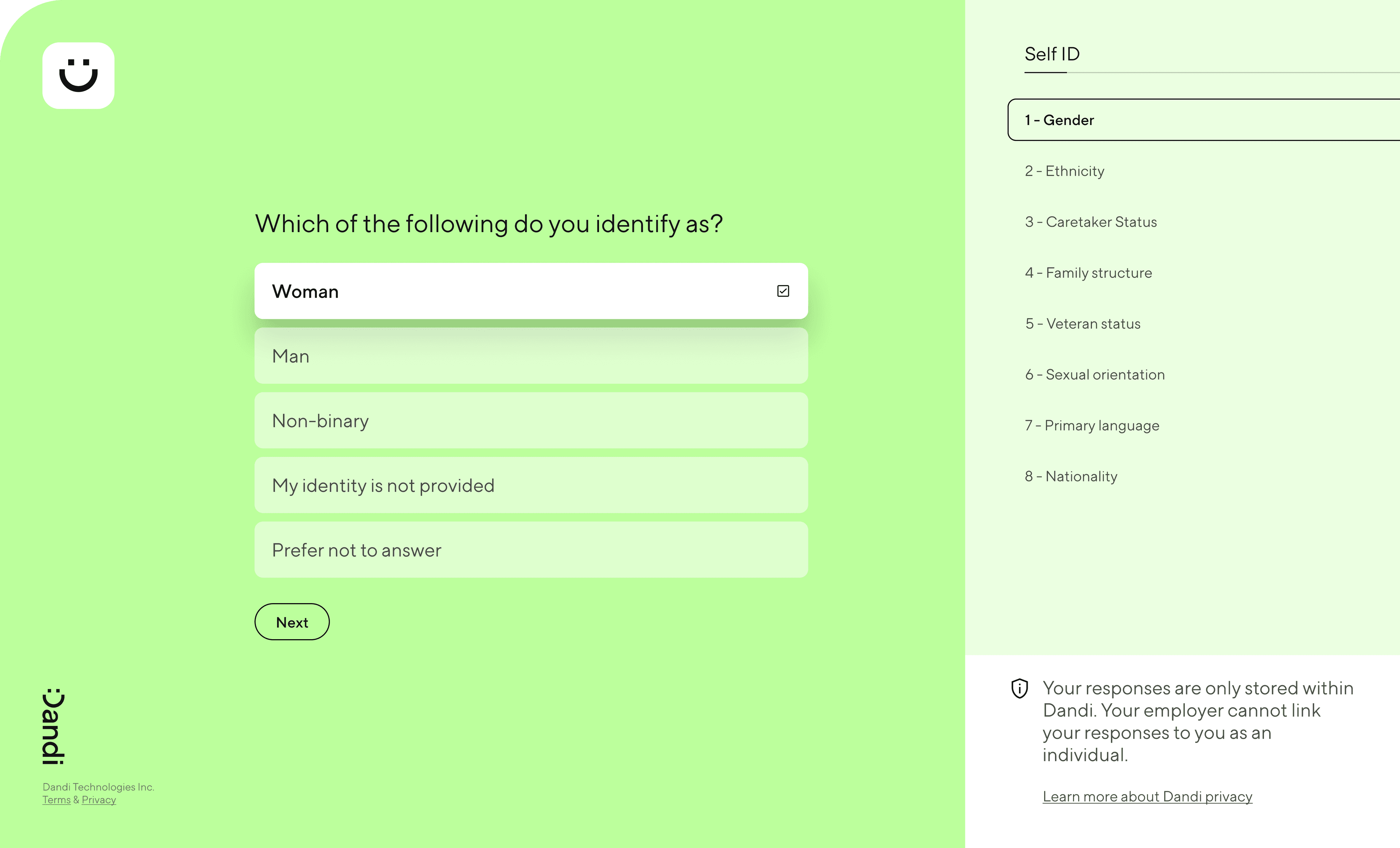 Dandi's Self-ID questionnaire prompting, Which of the following do you identify as? and offering the following options: Woman, Man, Non-binary, My identity is not provided, and Prefer not to answer. A menu on the right shows additional self-ID categories. The bottom right includes privacy information.
