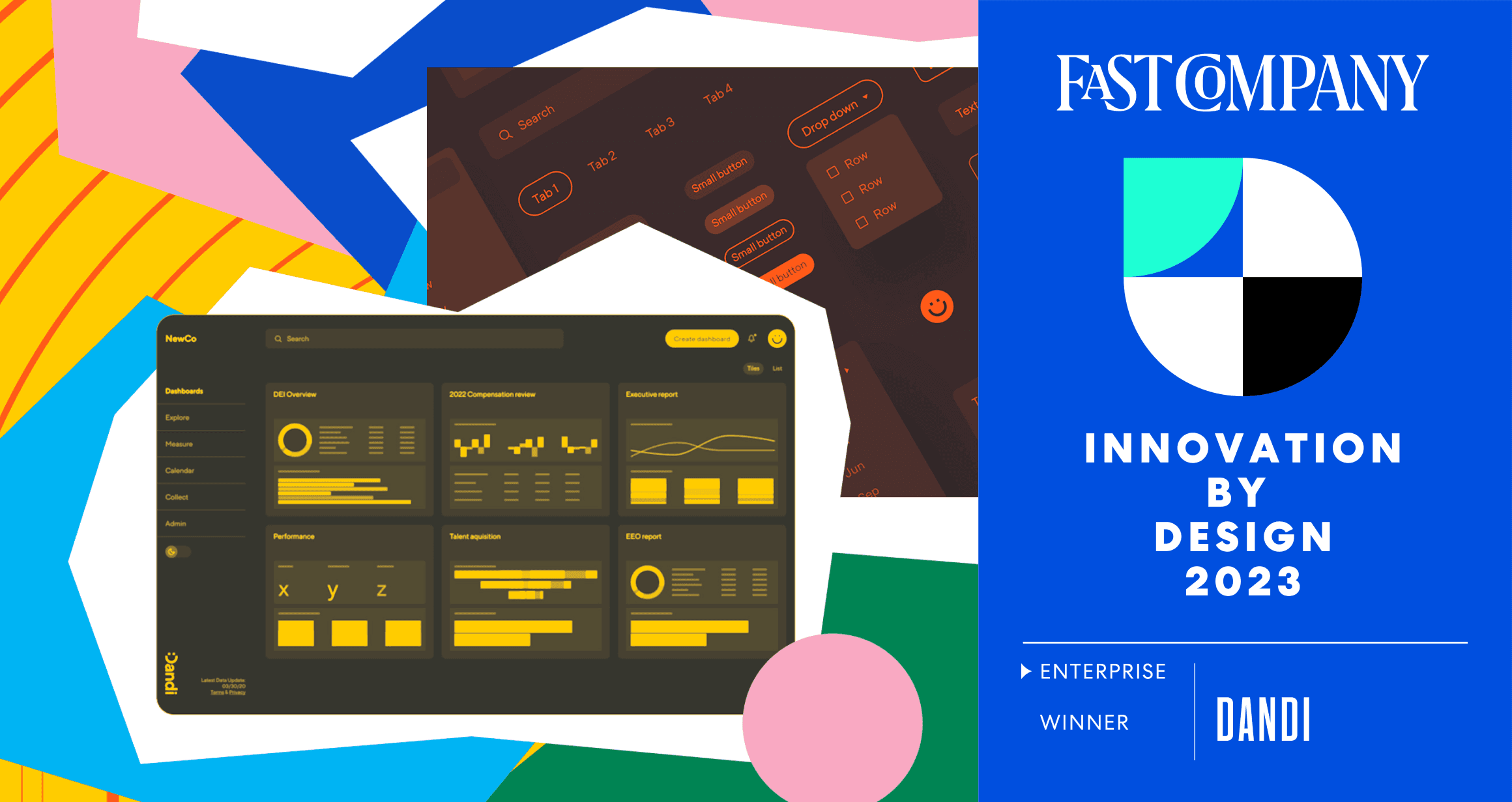 Text reads: Fast Company Innovation by Design 2023, Enterprise Winner: Dandi. To the left is a stylized illustration of Dandi dashboards.